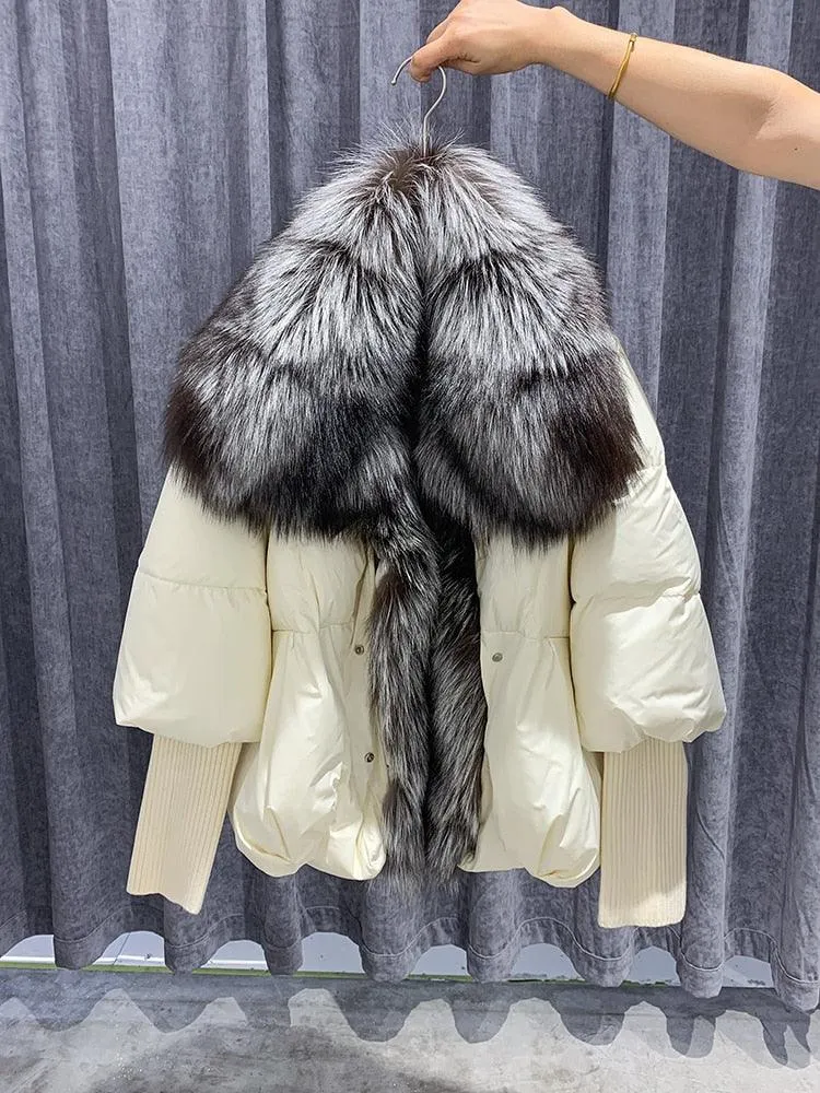 Super Warm Winter Jacket with Real Silver Fox Fur Collar and Knit Sleeves