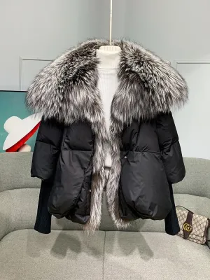 Super Warm Winter Jacket with Real Silver Fox Fur Collar and Knit Sleeves