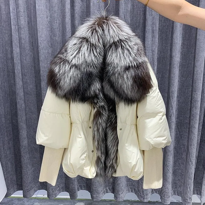 Super Warm Winter Jacket with Real Silver Fox Fur Collar and Knit Sleeves