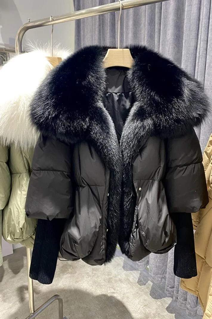 Super Warm Winter Jacket with Real Silver Fox Fur Collar and Knit Sleeves