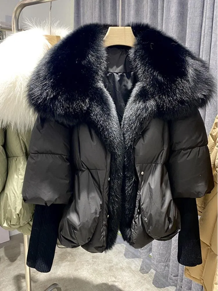 Super Warm Winter Jacket with Real Silver Fox Fur Collar and Knit Sleeves