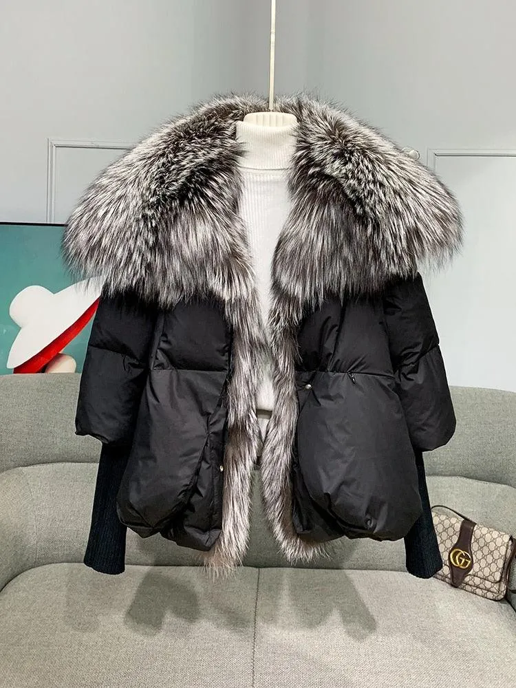 Super Warm Winter Jacket with Real Silver Fox Fur Collar and Knit Sleeves