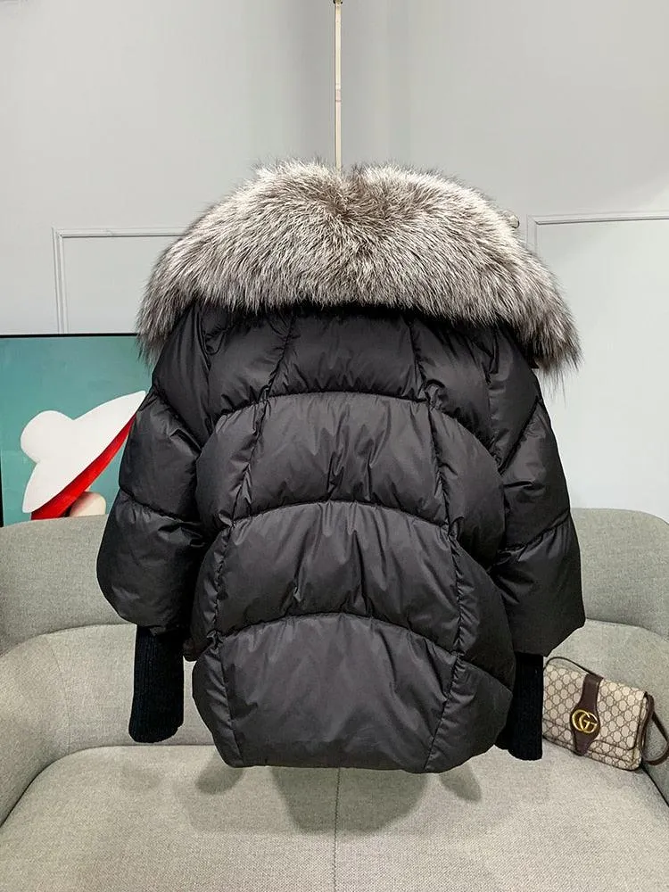 Super Warm Winter Jacket with Real Silver Fox Fur Collar and Knit Sleeves