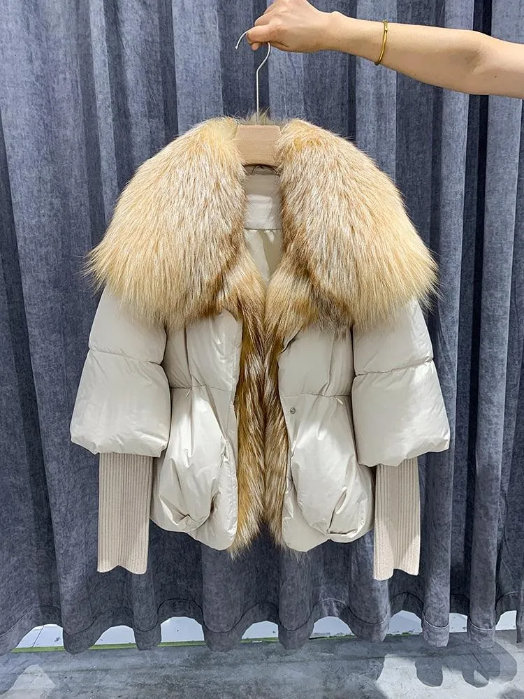 Super Warm Winter Jacket with Real Silver Fox Fur Collar and Knit Sleeves