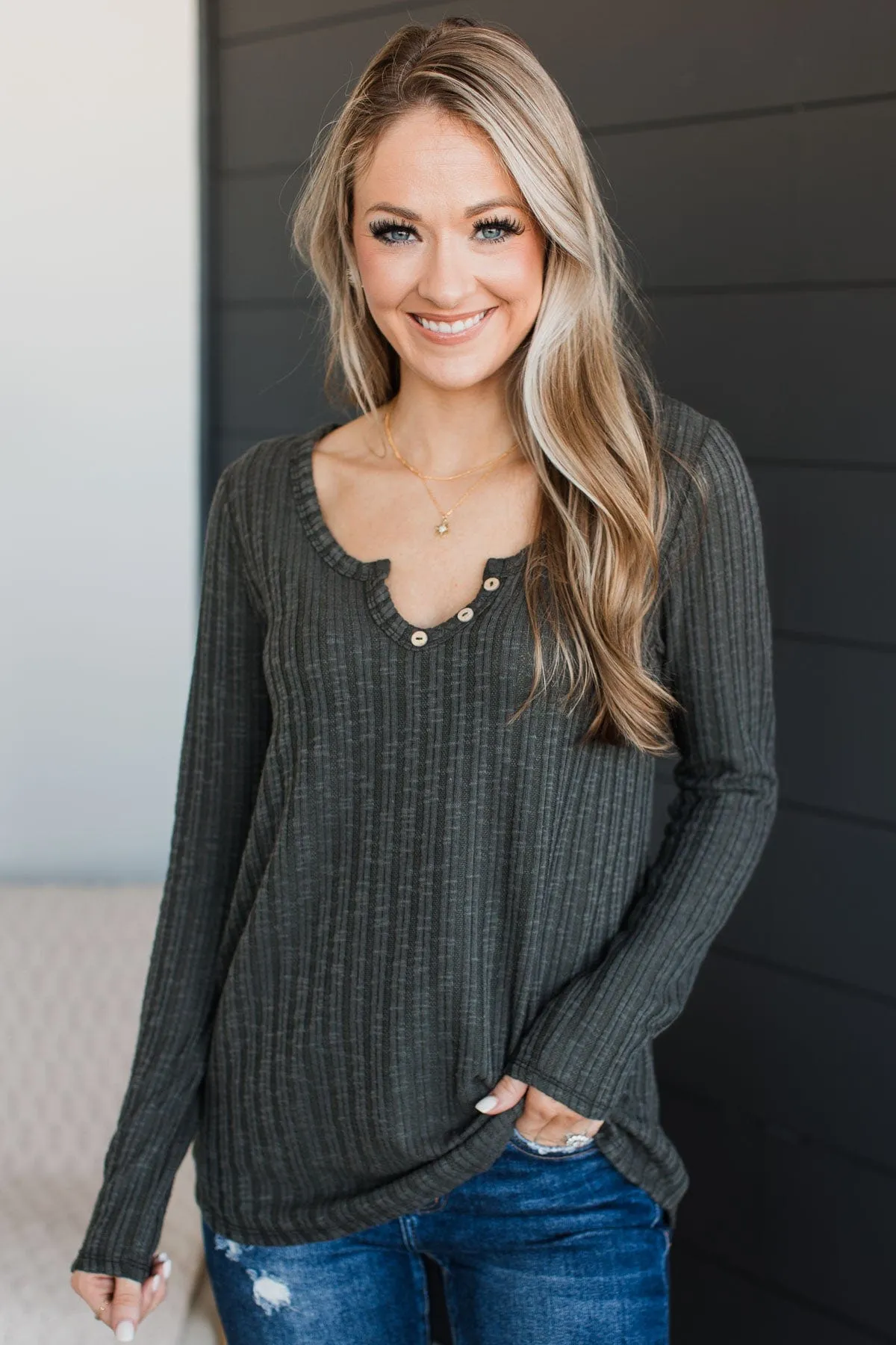 Take Them By Surprise Button Top- Vintage Olive