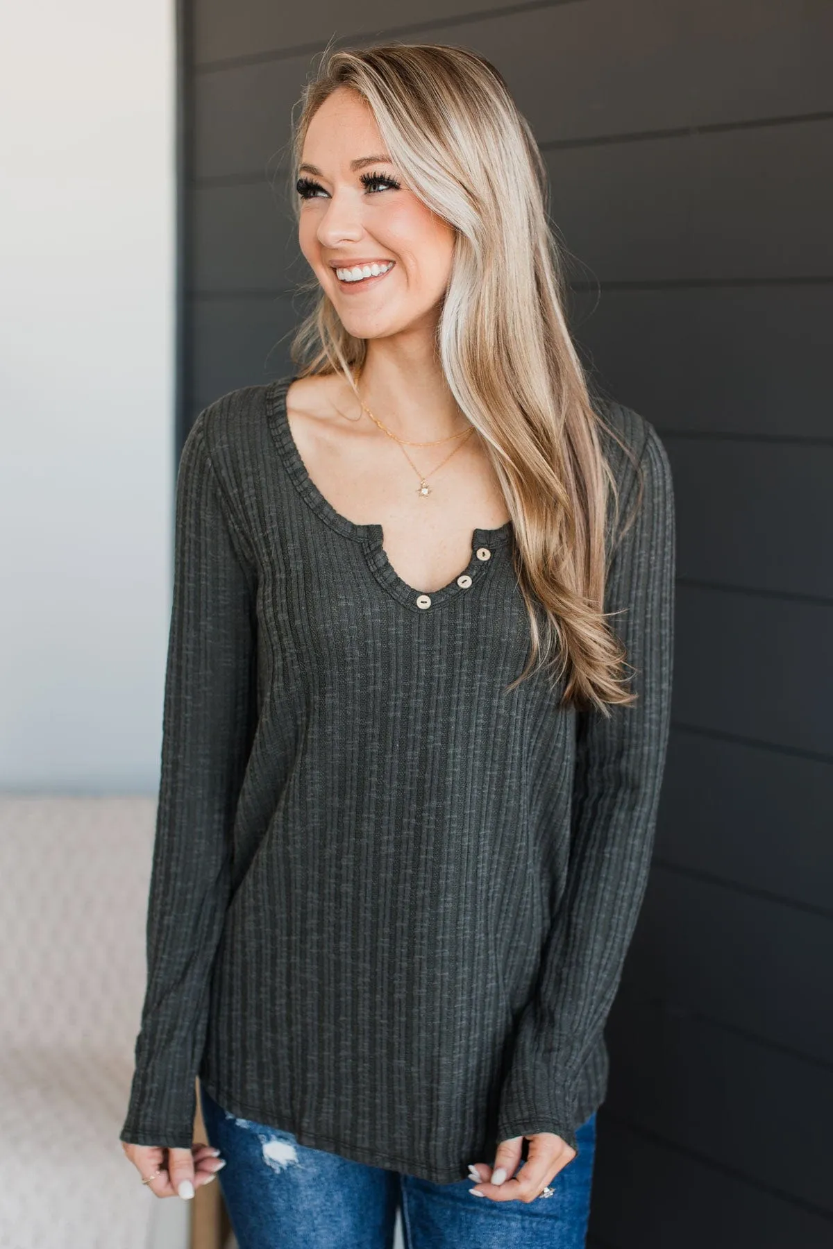 Take Them By Surprise Button Top- Vintage Olive