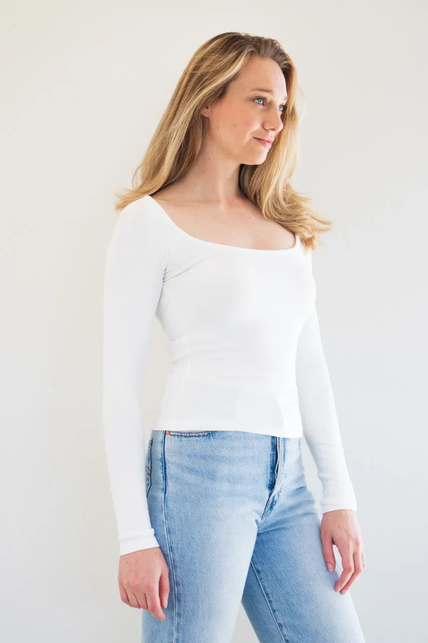 Tanner Long Sleeve Scoop Neck Top in White