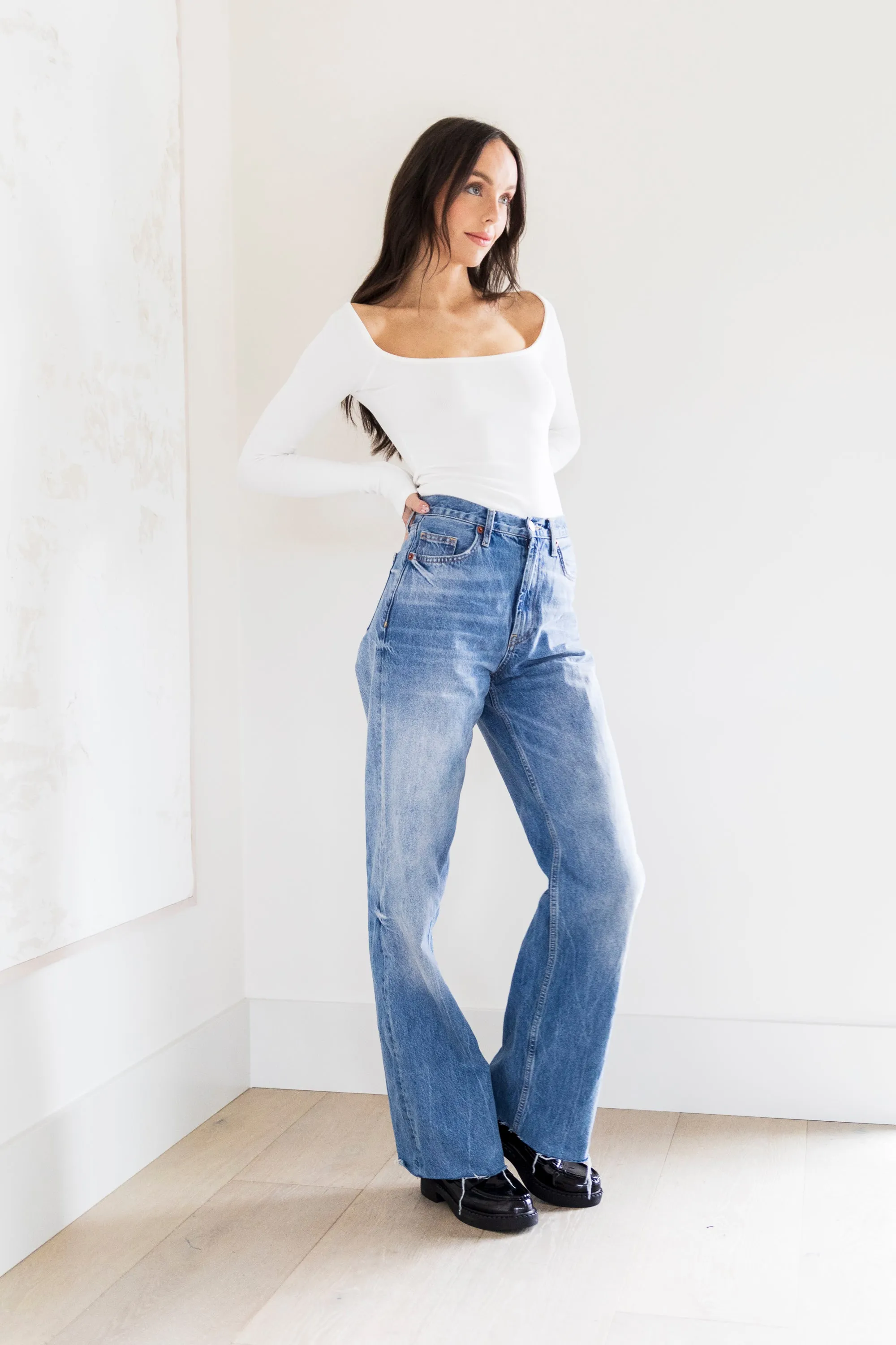 Tanner Long Sleeve Scoop Neck Top in White