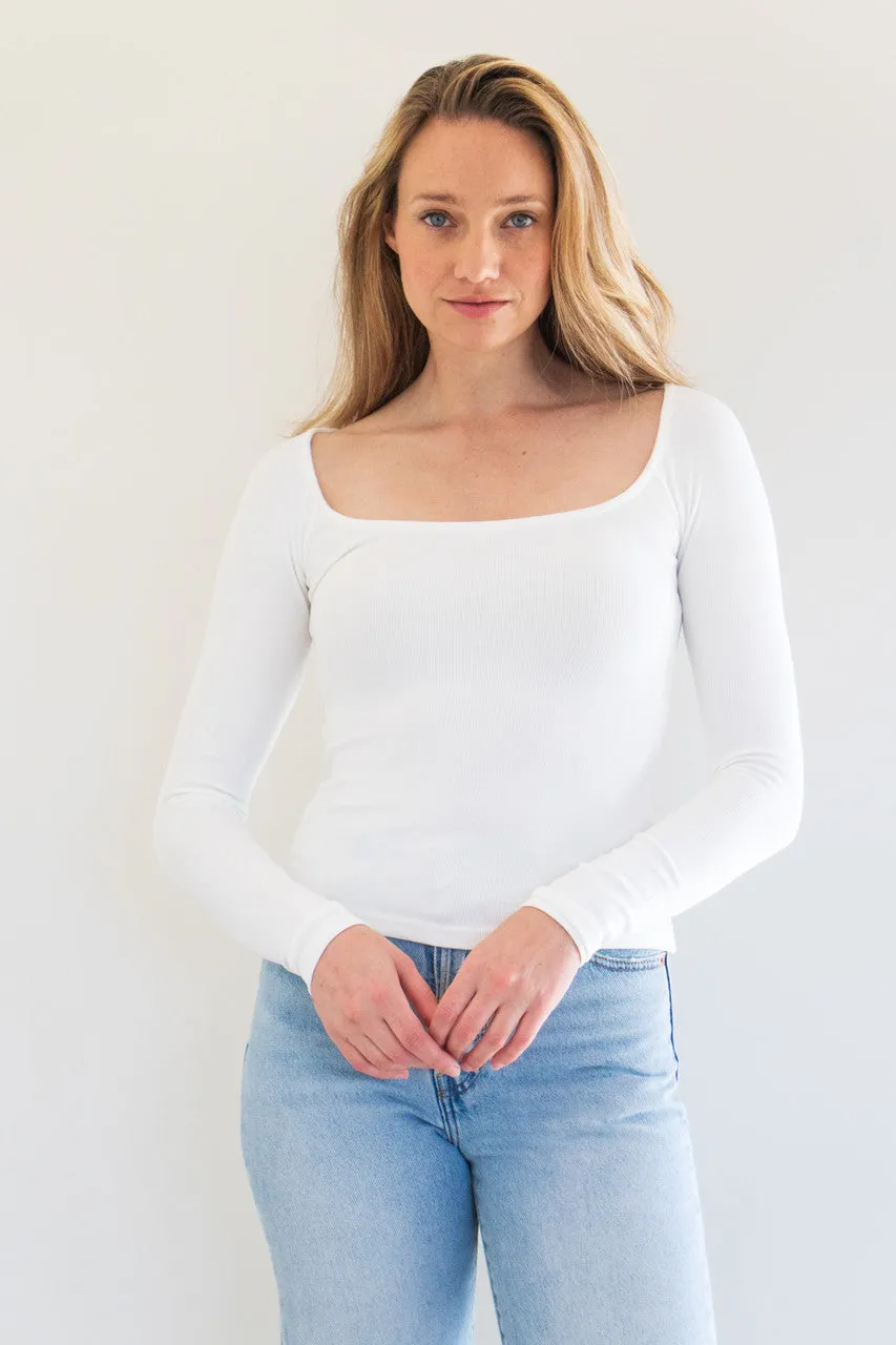 Tanner Long Sleeve Scoop Neck Top in White