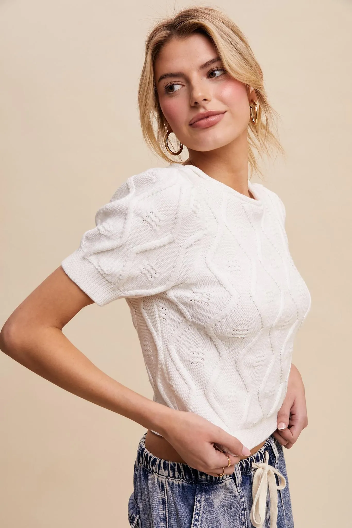 Textured Puff-Sleeve Knit Top