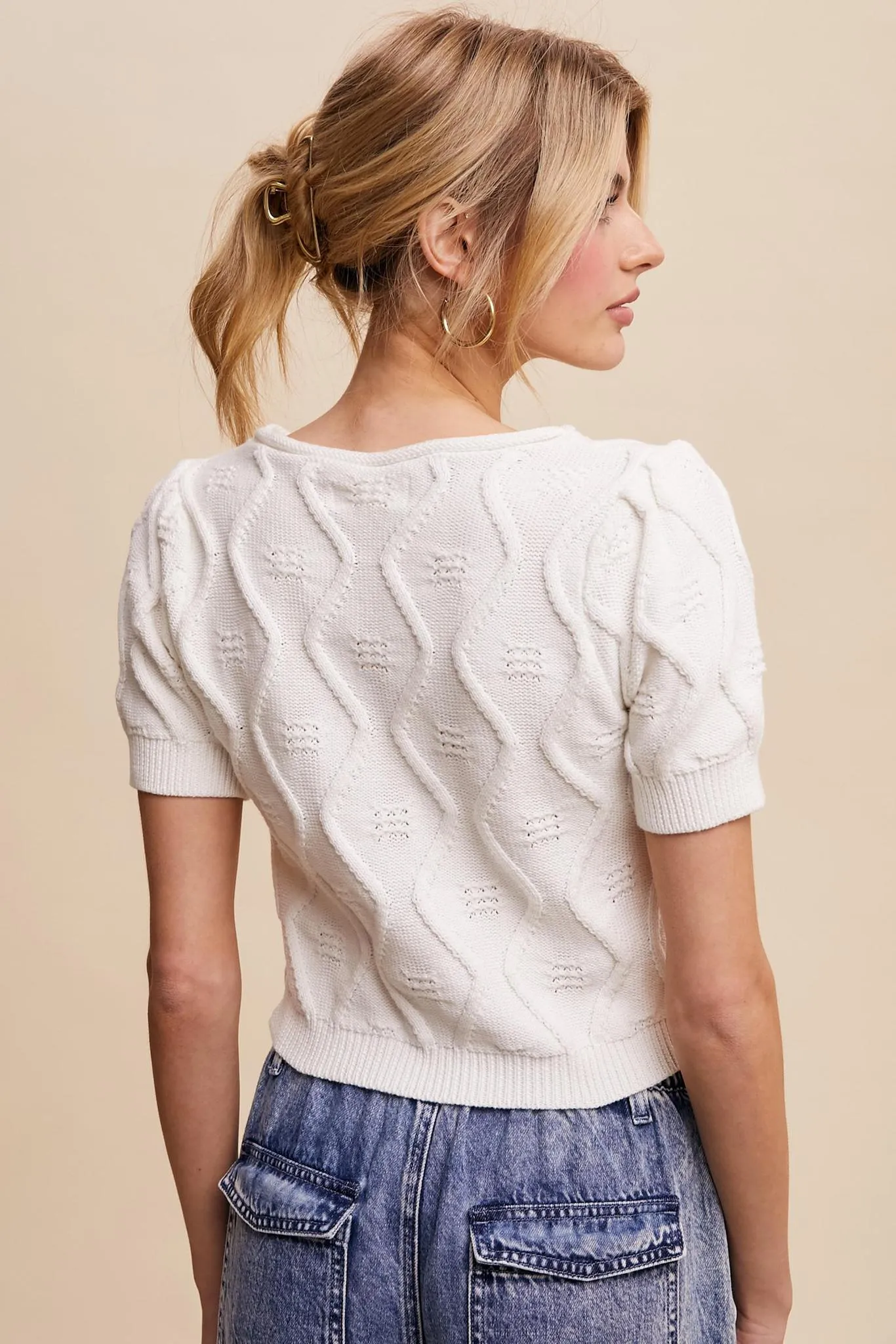 Textured Puff-Sleeve Knit Top