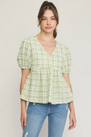 Textured V Neck Bubble Sleeve Peplum Top