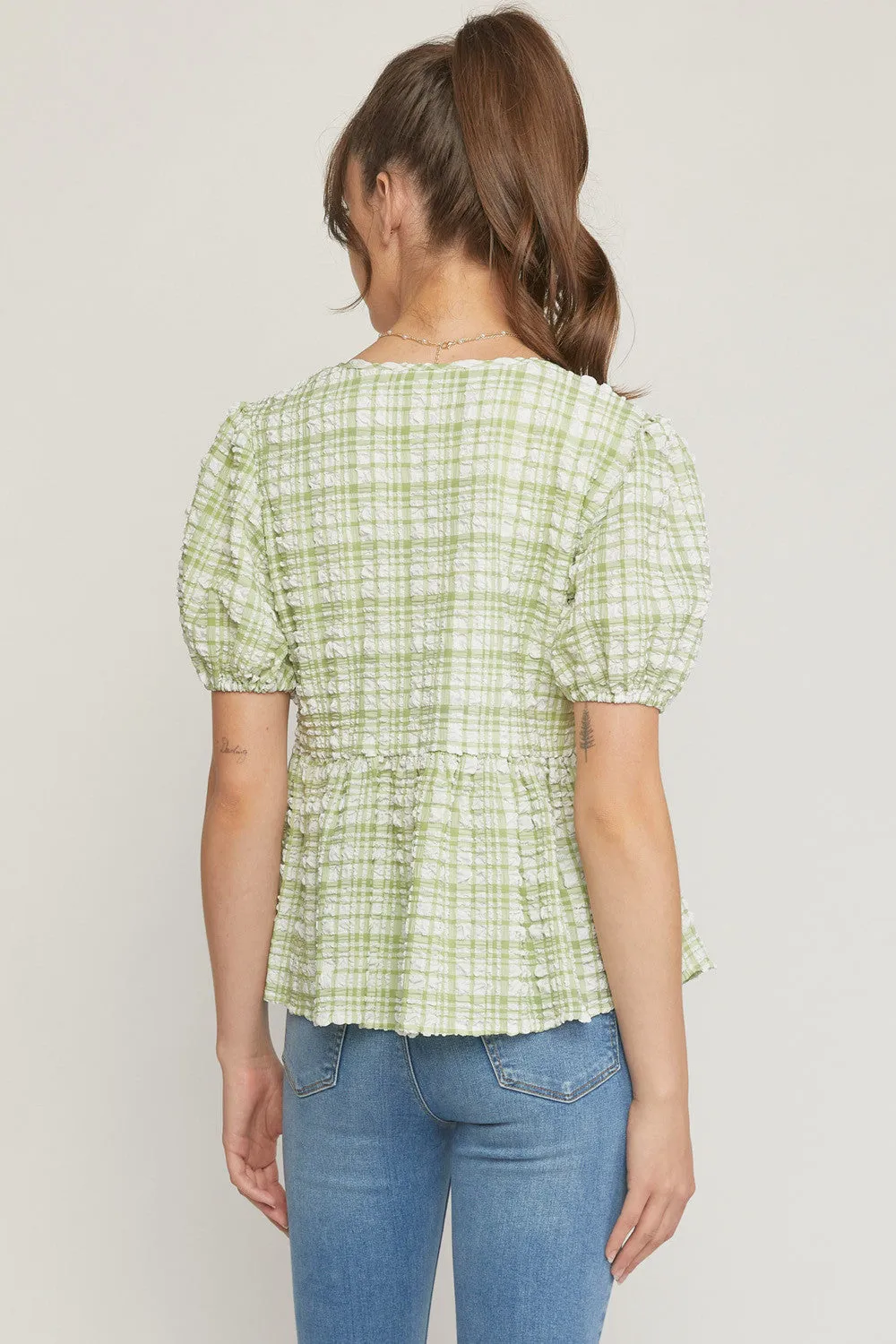 Textured V Neck Bubble Sleeve Peplum Top
