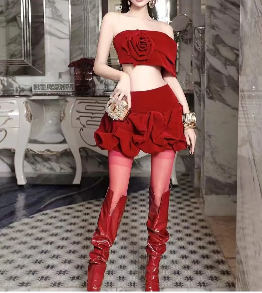 Thea Ruffled Big Rose Skirt Set