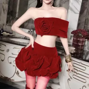 Thea Ruffled Big Rose Skirt Set