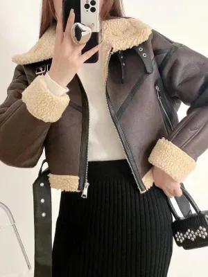 Thick Warm Faux Lamb Leather Fur Short Jacket with Belt