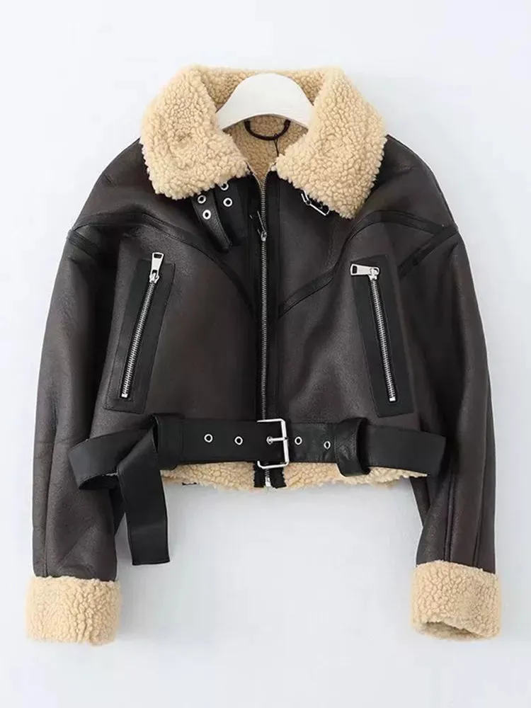 Thick Warm Faux Lamb Leather Fur Short Jacket with Belt