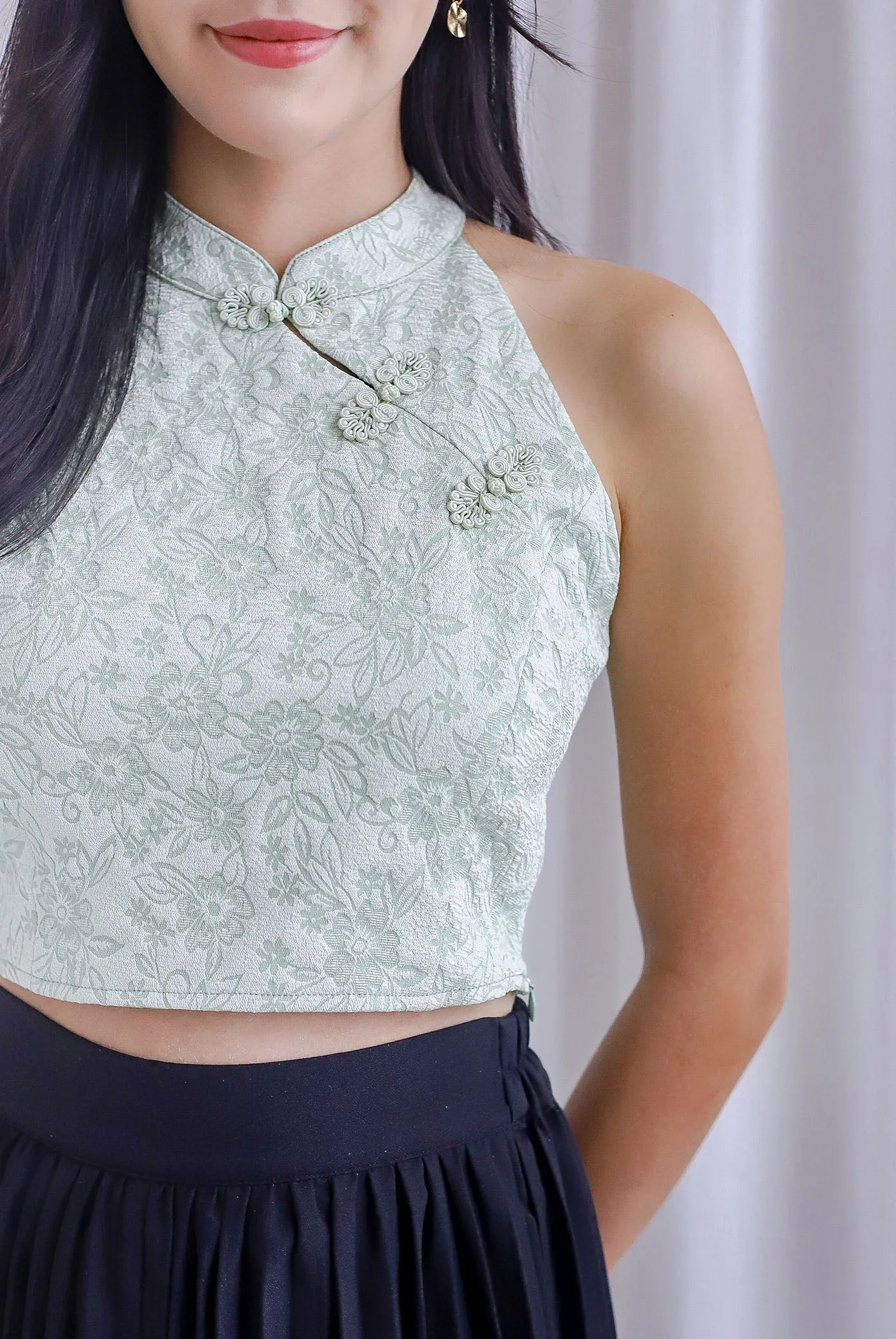 Tina Emboss Cut In Cheongsam Top In Green