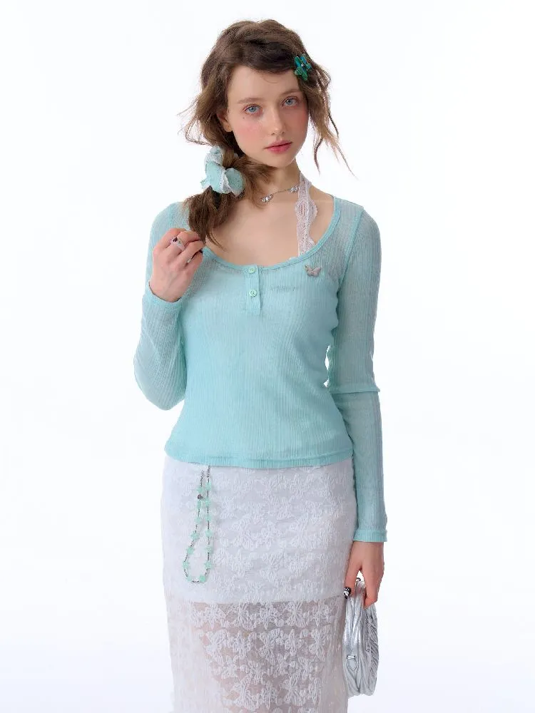 Trim jersey semi-sheer long-sleeved T-shirt 【s0000011676】