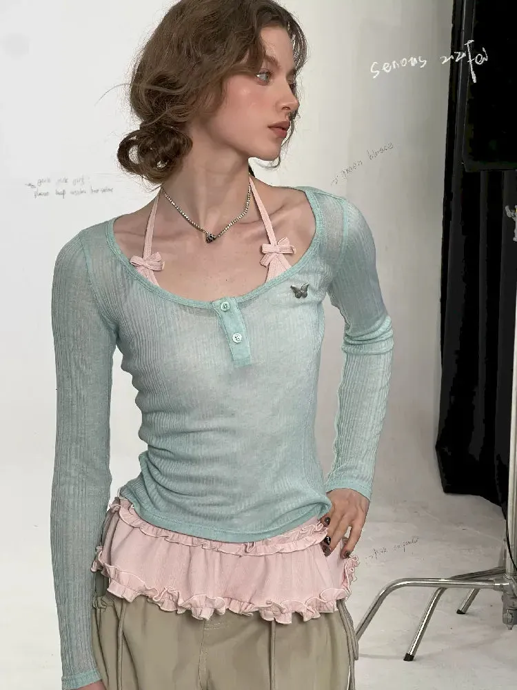 Trim jersey semi-sheer long-sleeved T-shirt 【s0000011676】