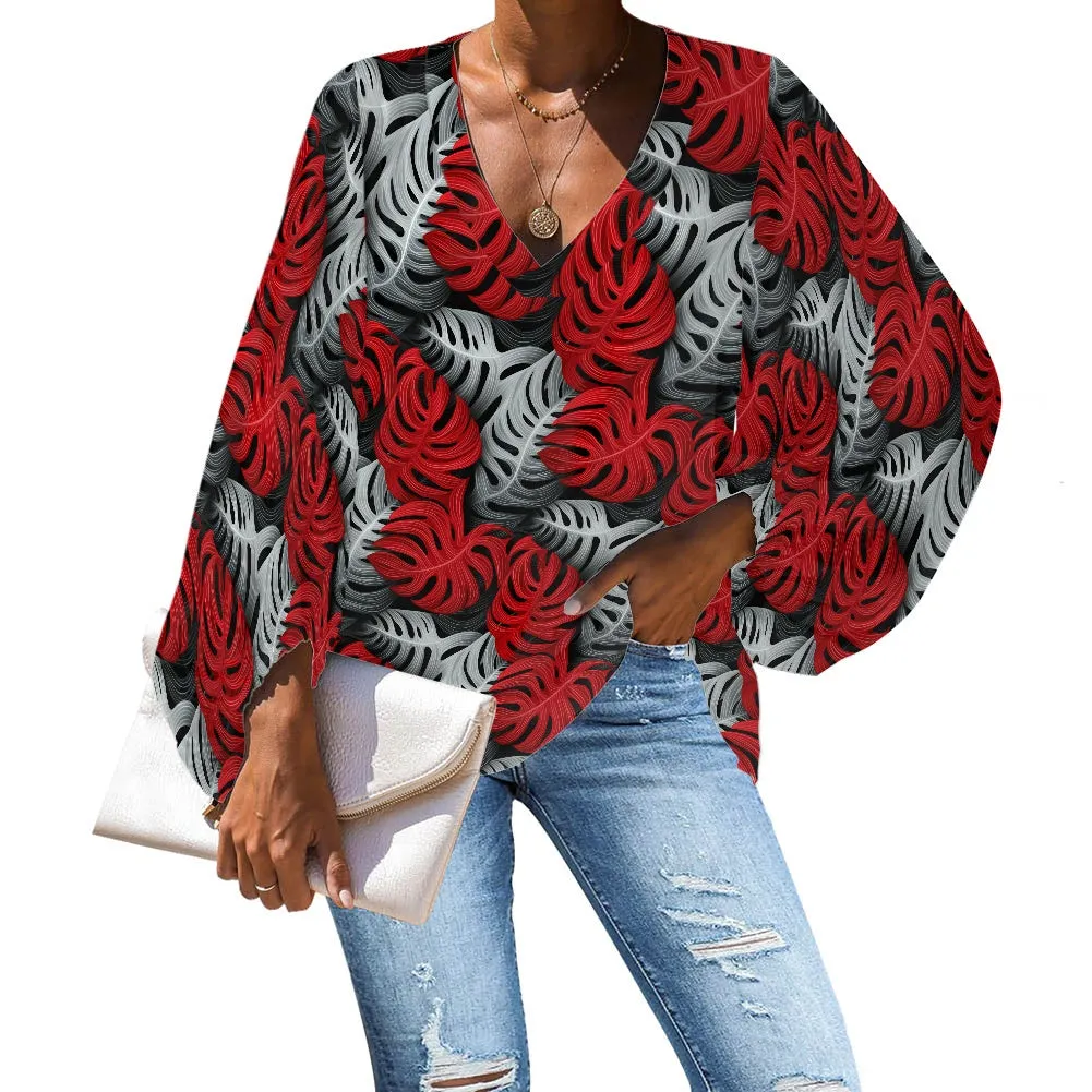 Tropical Red and Gray Monstera V-Neck Chiffon Puff Sleeve Blouse by Luxtrini