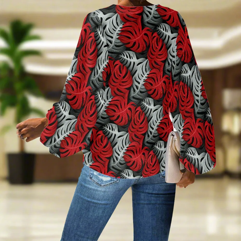 Tropical Red and Gray Monstera V-Neck Chiffon Puff Sleeve Blouse by Luxtrini