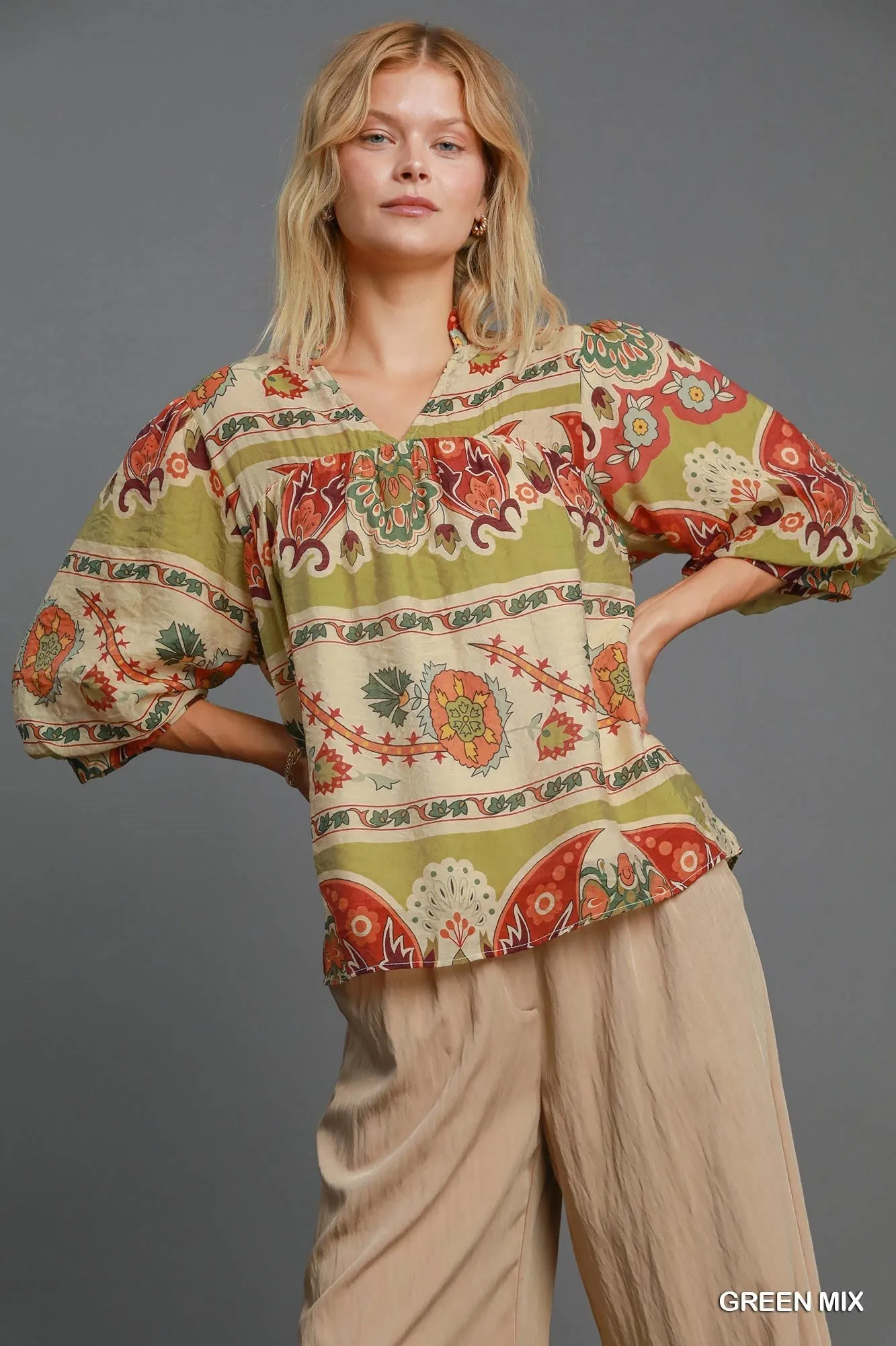 Umgee Border Print Notched 3/4 Puff Sleeve Blouse