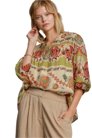 Umgee Border Print Notched 3/4 Puff Sleeve Blouse