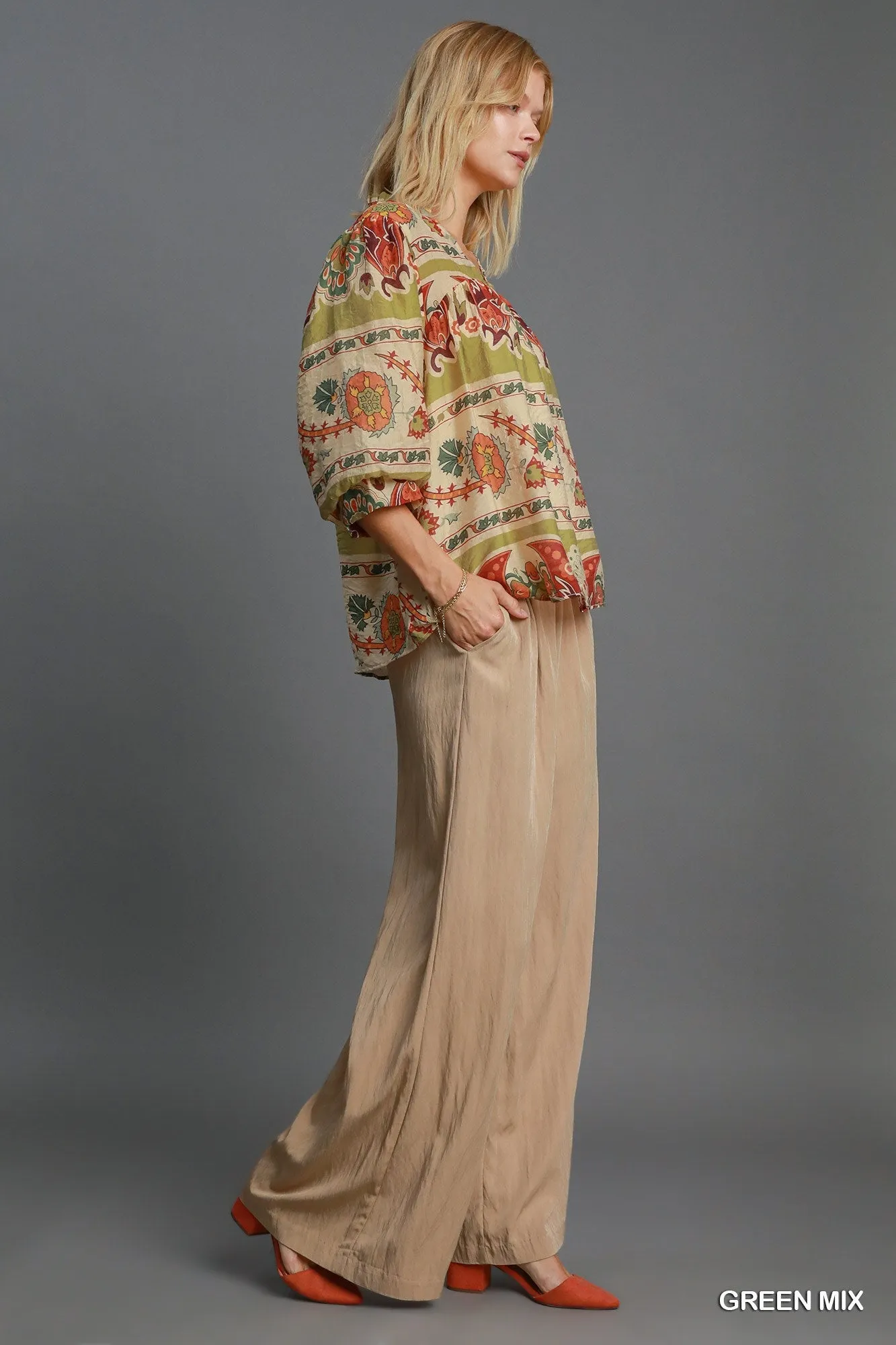 Umgee Border Print Notched 3/4 Puff Sleeve Blouse
