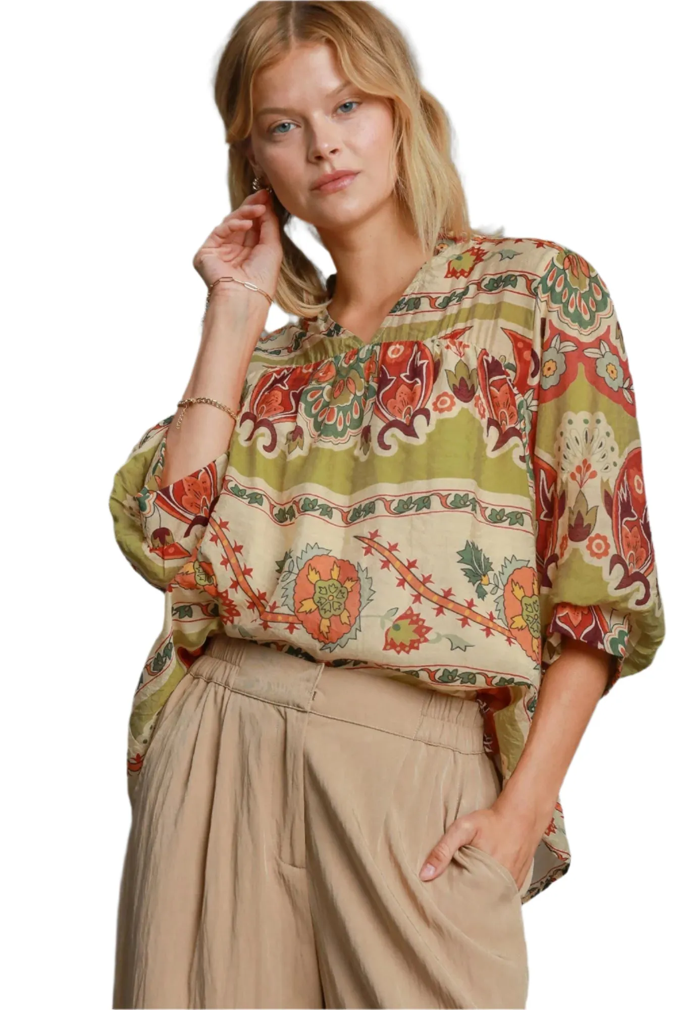 Umgee Border Print Notched 3/4 Puff Sleeve Blouse