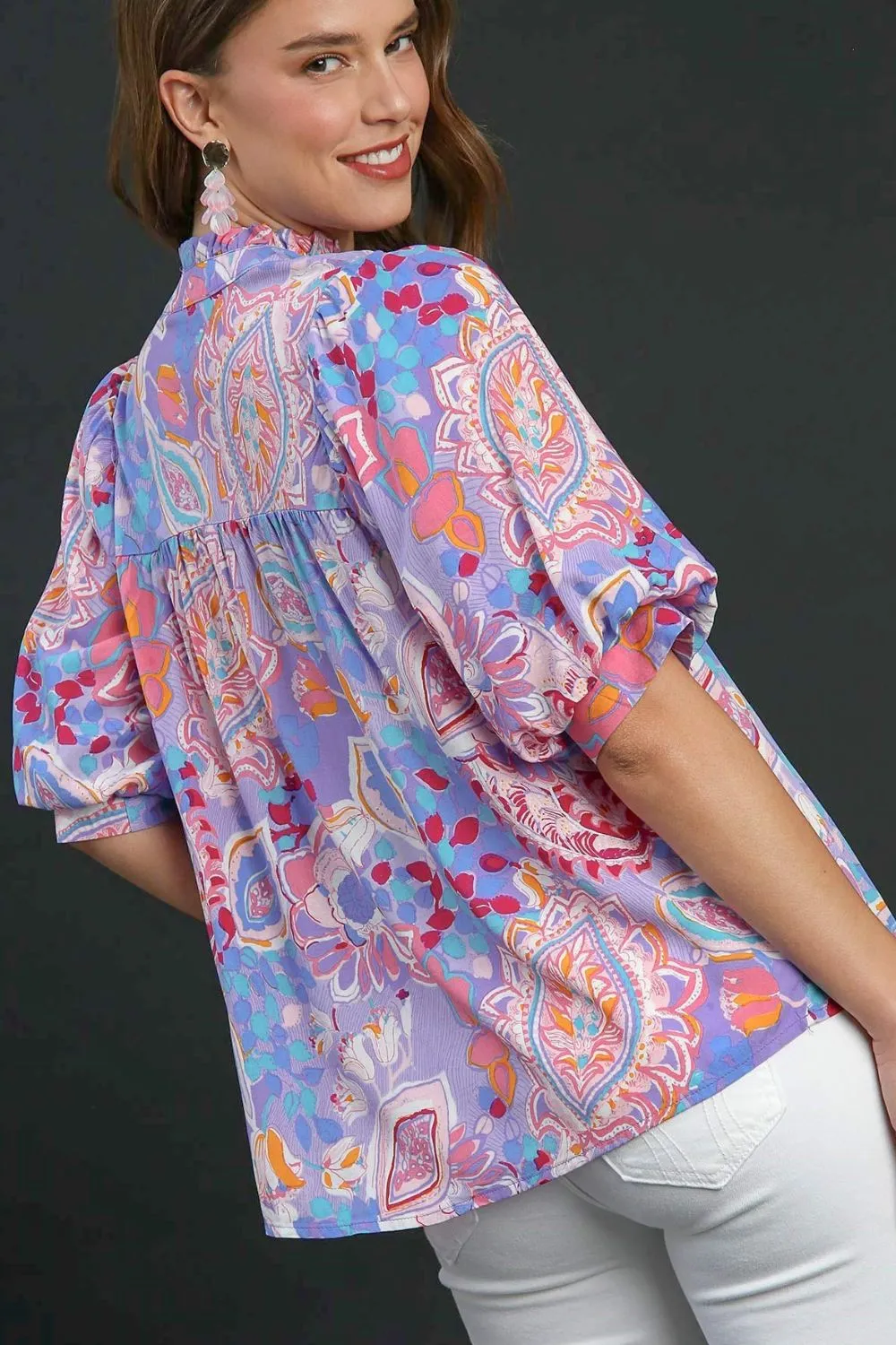 Umgee Mixed Print Notched Puff Sleeve Blouse