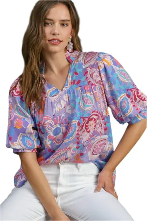 Umgee Mixed Print Notched Puff Sleeve Blouse