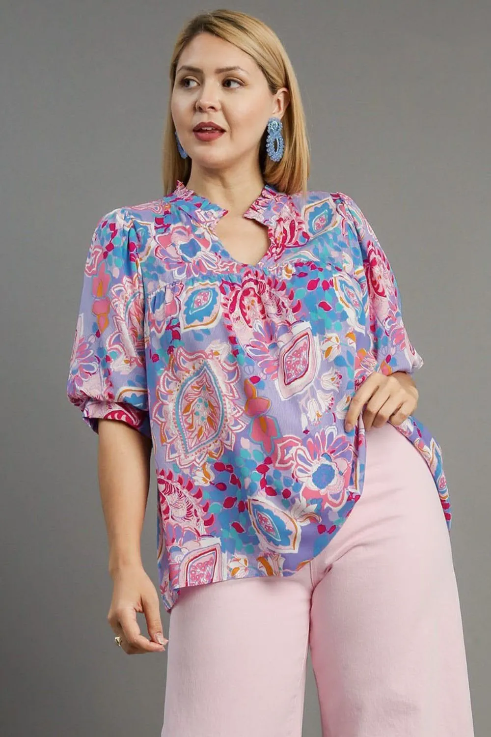 Umgee Mixed Print Notched Puff Sleeve Blouse