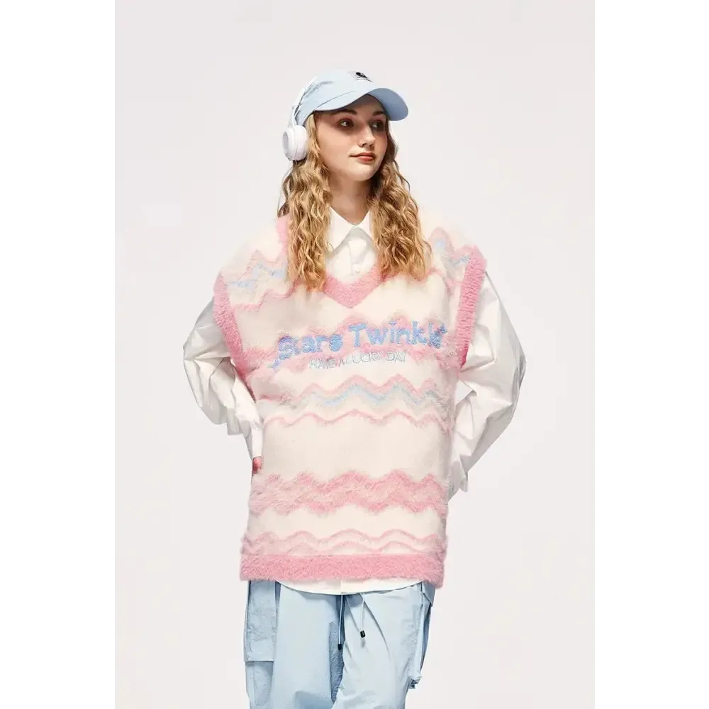 Unisex Fluffy Sweater Vest in Soft Touch Knit Material with Zigzag Pattern