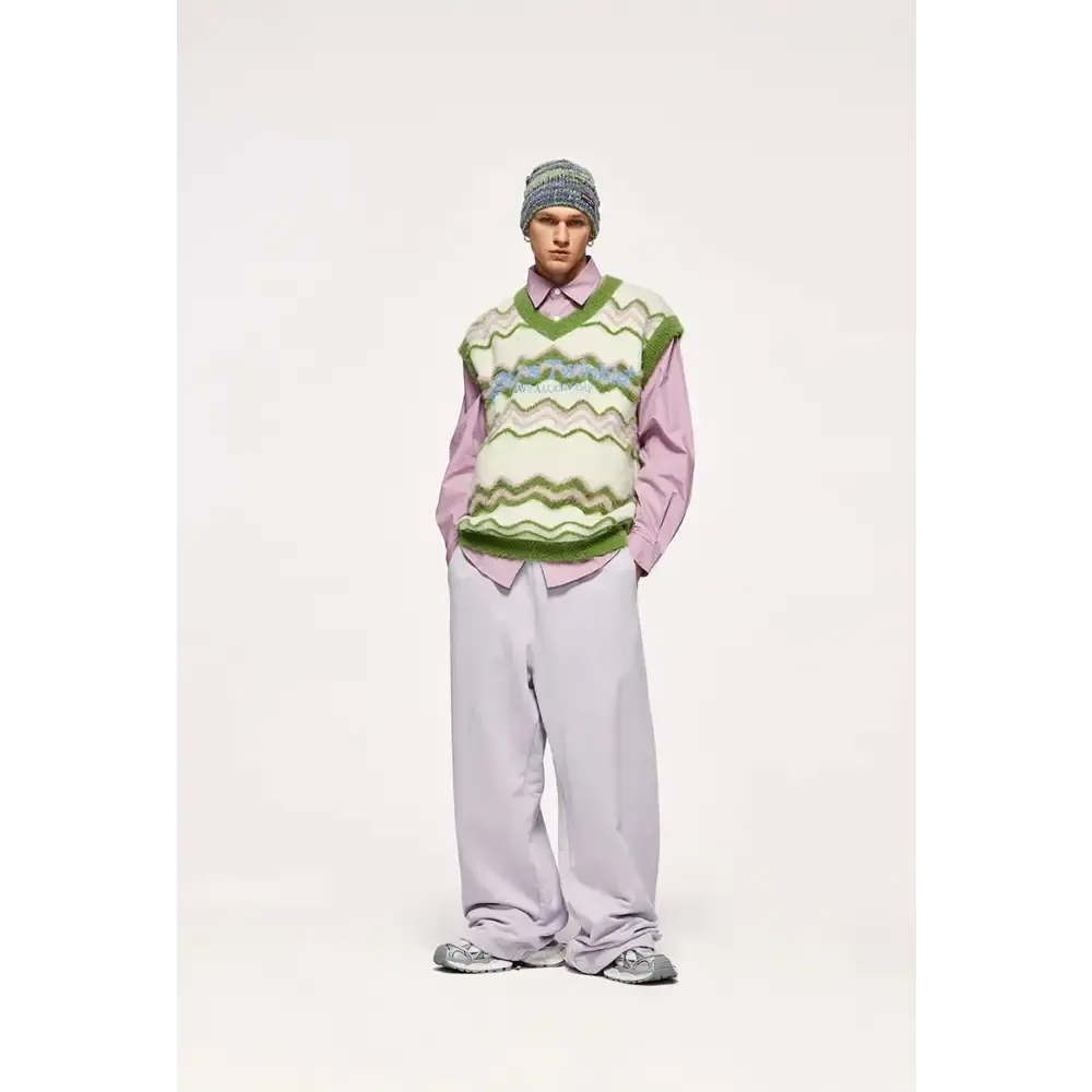 Unisex Fluffy Sweater Vest in Soft Touch Knit Material with Zigzag Pattern