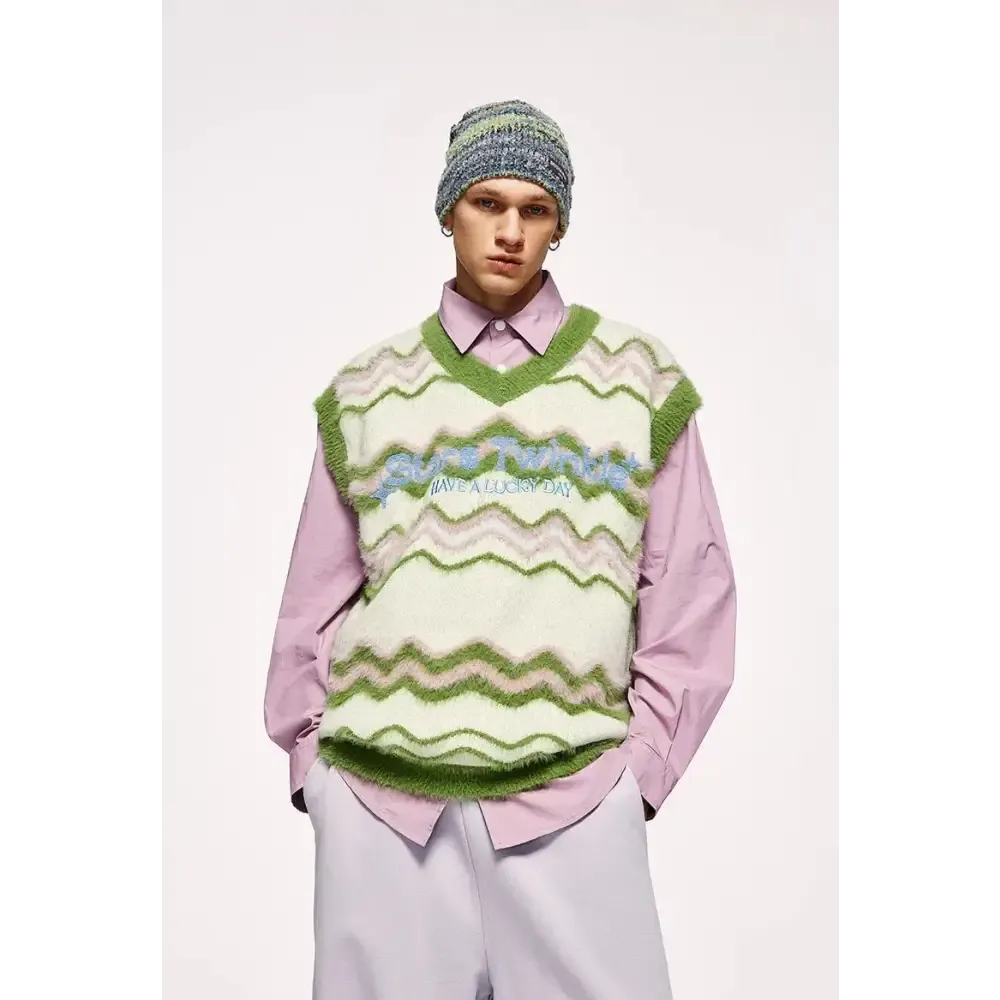 Unisex Fluffy Sweater Vest in Soft Touch Knit Material with Zigzag Pattern