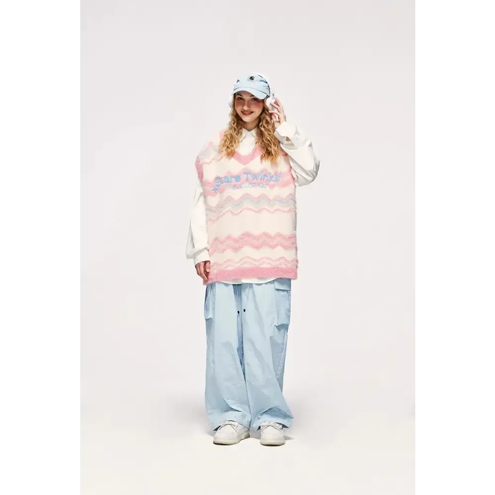 Unisex Fluffy Sweater Vest in Soft Touch Knit Material with Zigzag Pattern