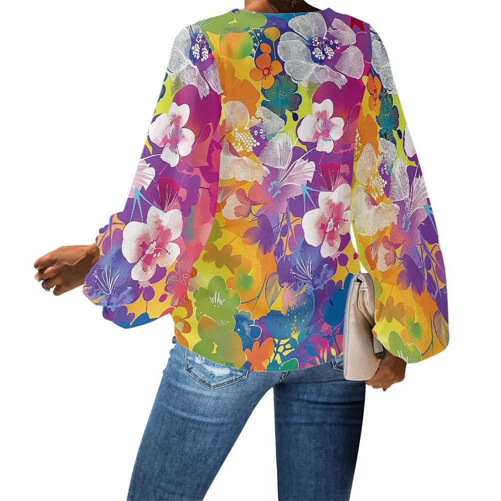 V-Neck Chiffon Puff Sleeve Blouse by Luxtrini