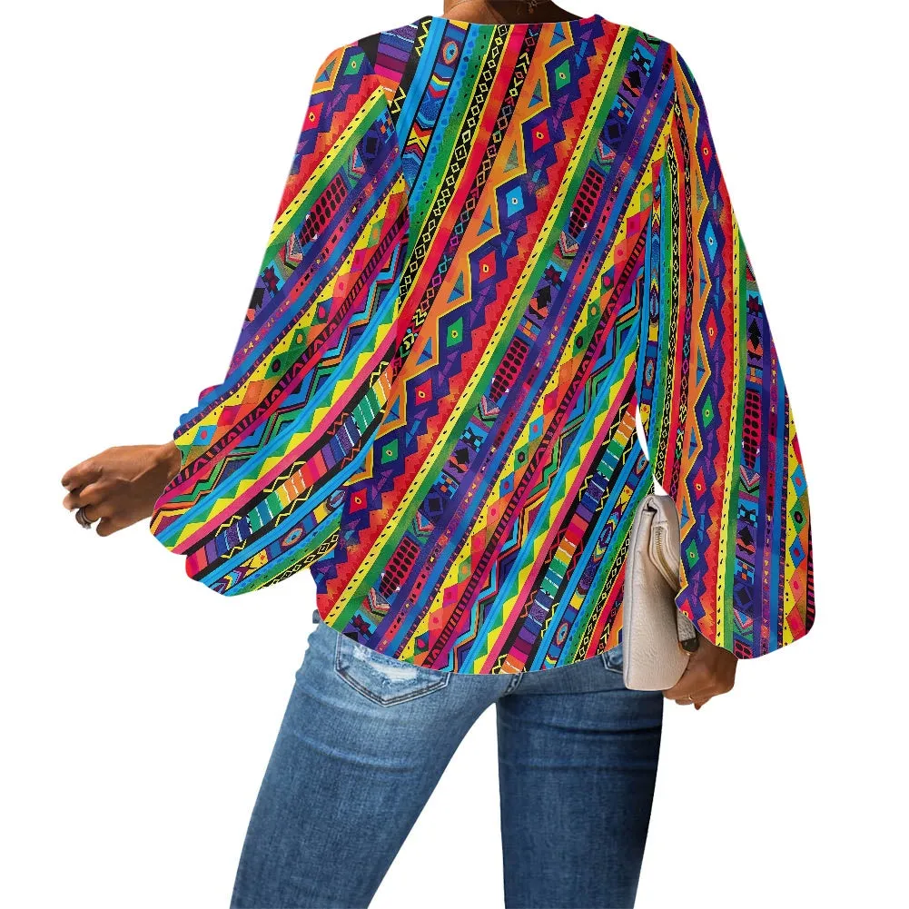 V-Neck Chiffon Puff Sleeve Blouse by Luxtrini