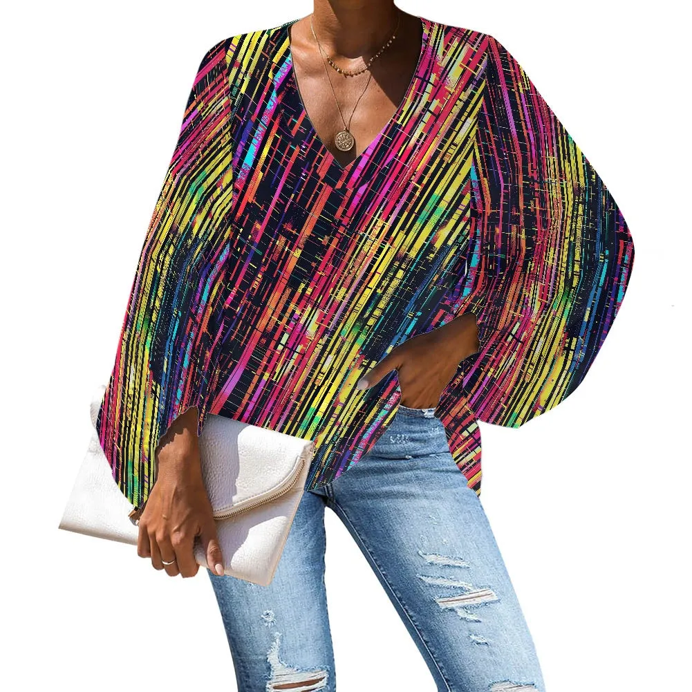 V-Neck Chiffon Puff Sleeve Blouse by Luxtrini