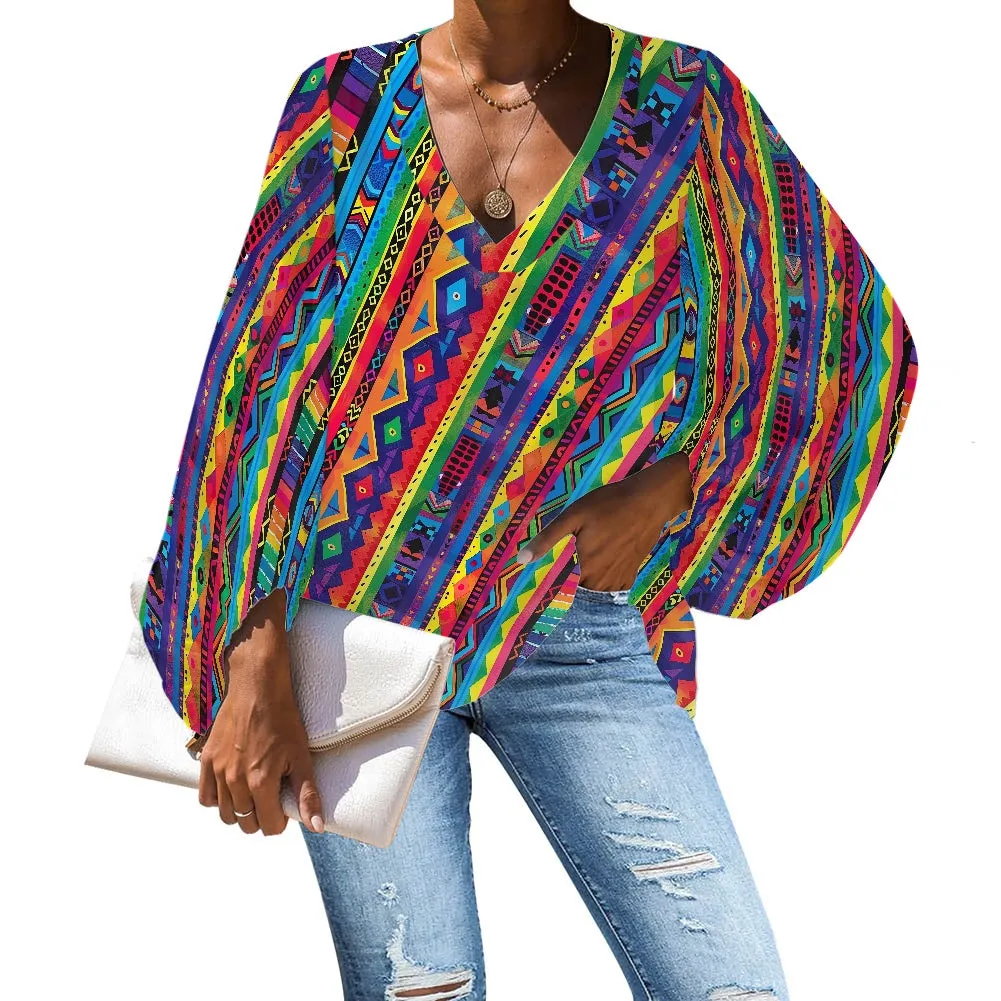 V-Neck Chiffon Puff Sleeve Blouse by Luxtrini