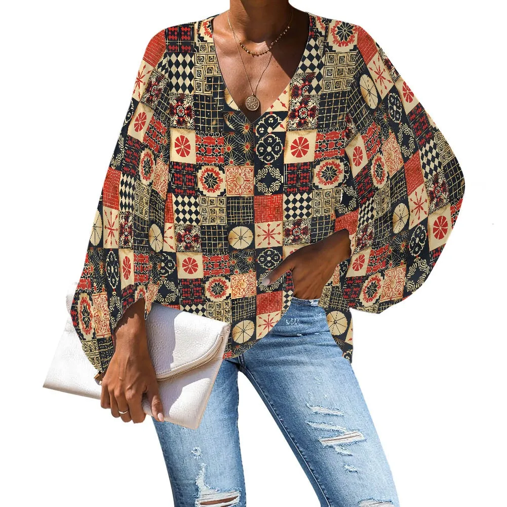 V-Neck Chiffon Puff Sleeve Blouse with Ethnic and Cultural Patterns – Stylish and Comfortable by Luxtrini