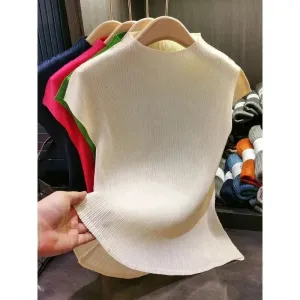 Versatile Classic Simple Solid Color Stand Up Collar Pleated Top Women Slim Slim Short Sleeve Miyake T-shirt Summer