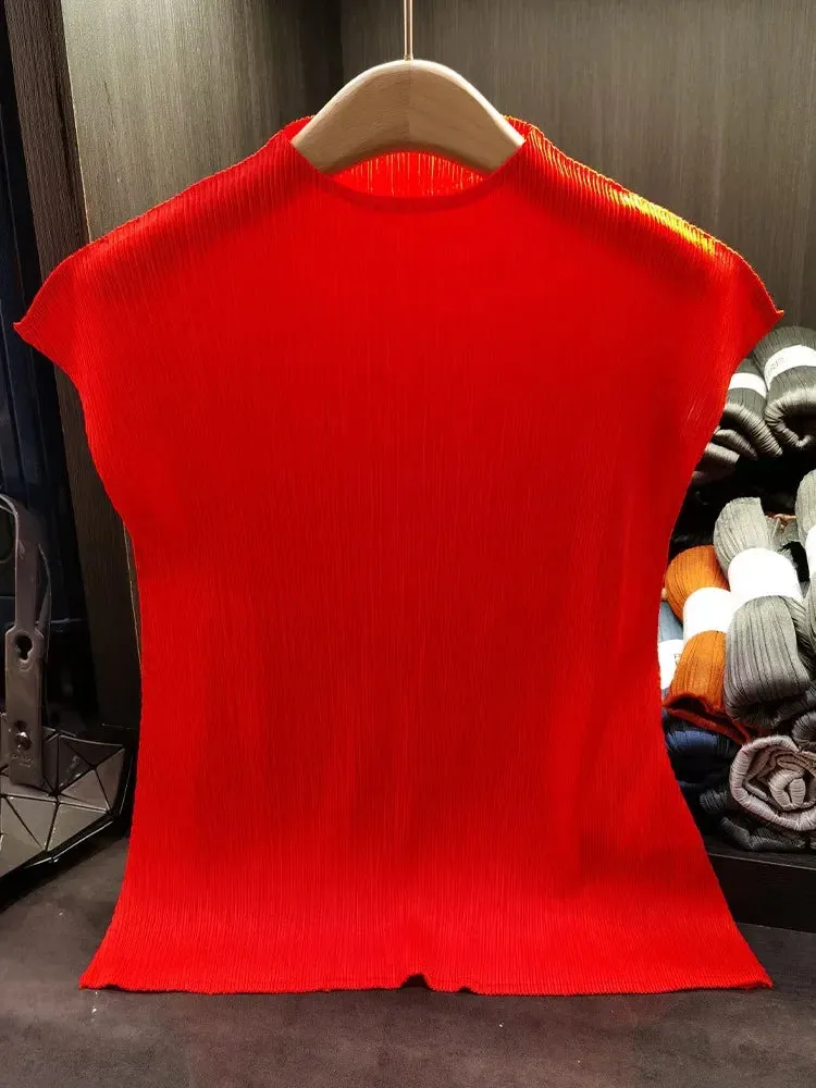 Versatile Classic Simple Solid Color Stand Up Collar Pleated Top Women Slim Slim Short Sleeve Miyake T-shirt Summer