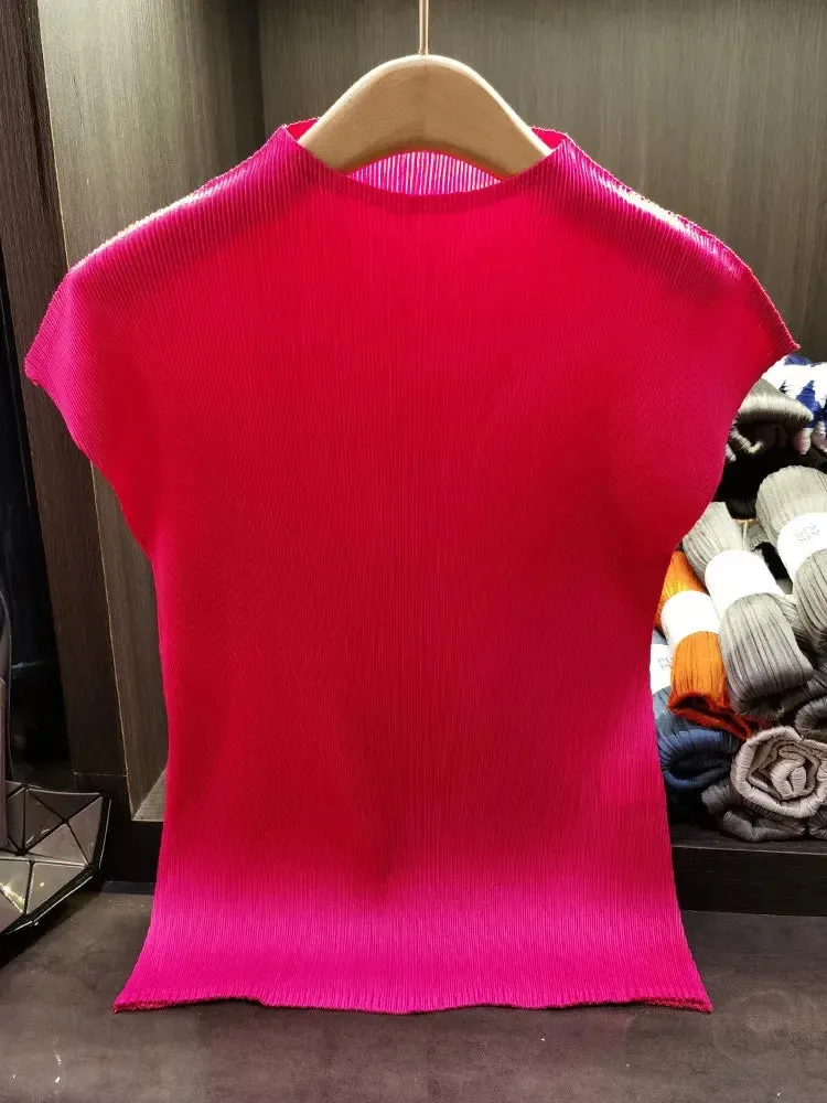 Versatile Classic Simple Solid Color Stand Up Collar Pleated Top Women Slim Slim Short Sleeve Miyake T-shirt Summer