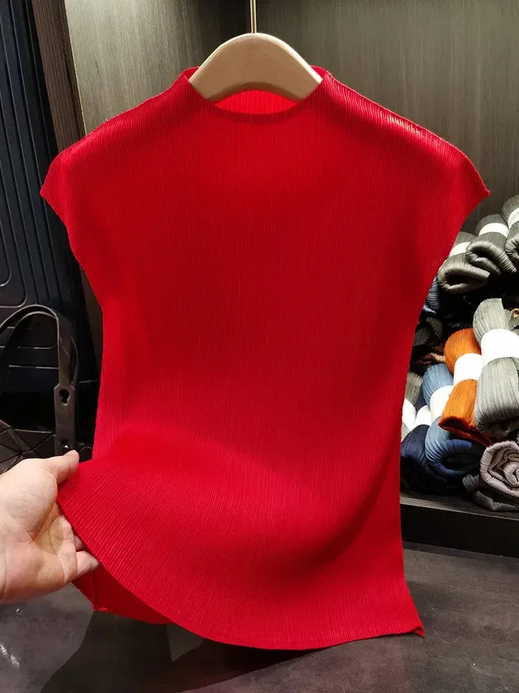 Versatile Classic Simple Solid Color Stand Up Collar Pleated Top Women Slim Slim Short Sleeve Miyake T-shirt Summer