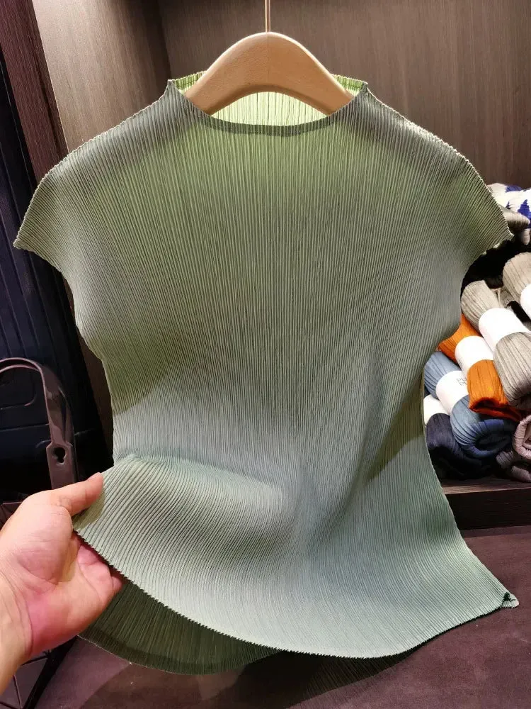 Versatile Classic Simple Solid Color Stand Up Collar Pleated Top Women Slim Slim Short Sleeve Miyake T-shirt Summer