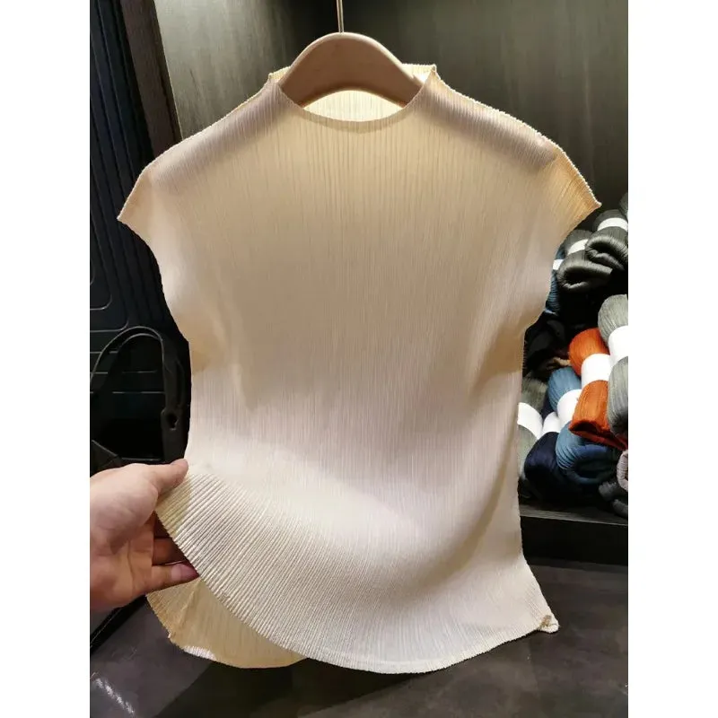 Versatile Classic Simple Solid Color Stand Up Collar Pleated Top Women Slim Slim Short Sleeve Miyake T-shirt Summer