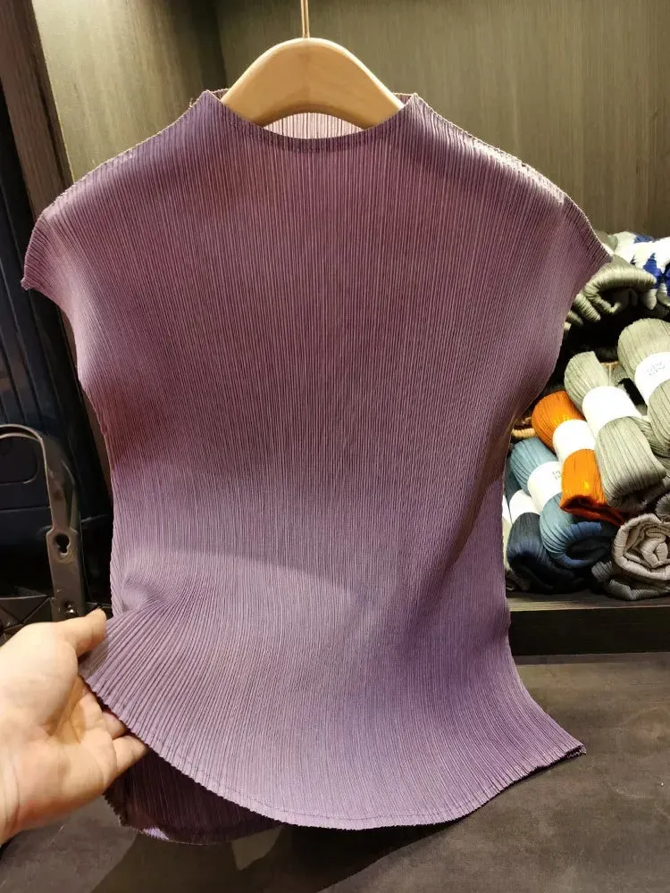 Versatile Classic Simple Solid Color Stand Up Collar Pleated Top Women Slim Slim Short Sleeve Miyake T-shirt Summer