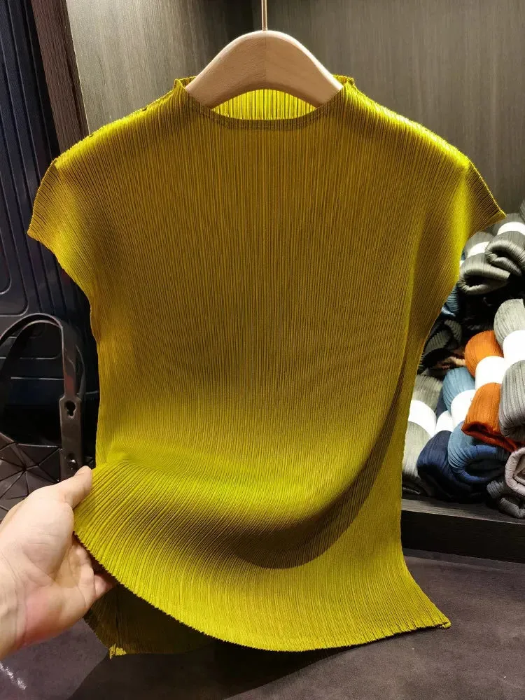 Versatile Classic Simple Solid Color Stand Up Collar Pleated Top Women Slim Slim Short Sleeve Miyake T-shirt Summer